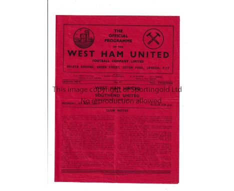 1950/1 WEST HAM UNITED V SOUTHEND UNITED      Programme for the Essex Professional Cup Final game at West Ham dated 7/5/51. S