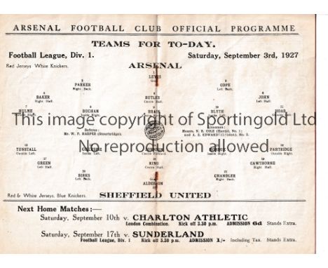 ARSENAL      Programme for the home League match v Sheffield United 3/9/1927, very slightly creased.     Generally good