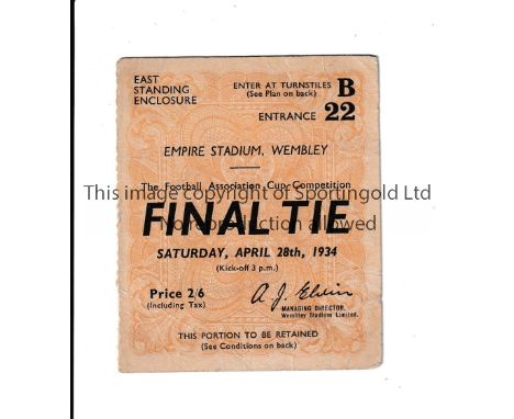 1934 FA CUP FINAL      Ticket for Portsmouth v Manchester City.     Generally good