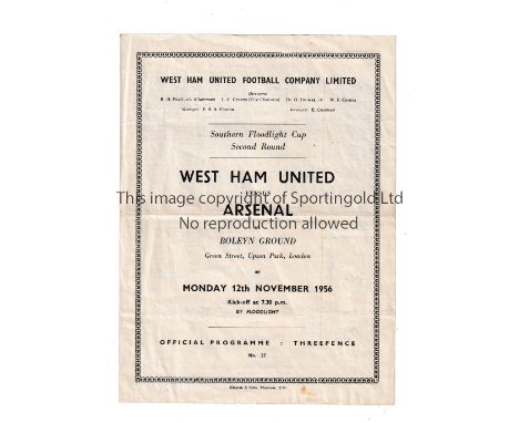 1956/7 WEST HAM UNITED V ARSENAL SOUTHERN FLOODLIGHT CUP   Programme for the game at West Ham dated 12/11/56. Slight fold.   