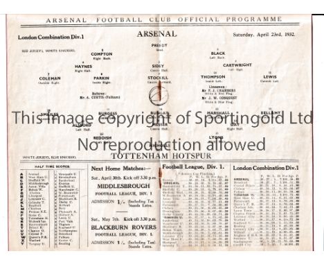 ARSENAL      Programme for the home London Combination League match v Tottenham Hotspur 23/4/1932.    Generally good
