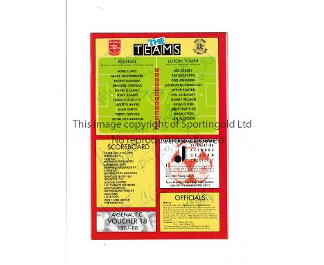 ARSENAL / LUTON TOWN / AUTOGRAPHS 1988    Programme for the League match at Arsenal 13/2/1988 signed by 12 Arsenal players on