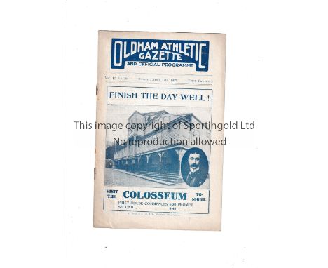 OLDHAM ATHLETIC V TOTTENHAM HOTSPUR 1922    Programme for the League match at Oldham 17/4/1922.     Good