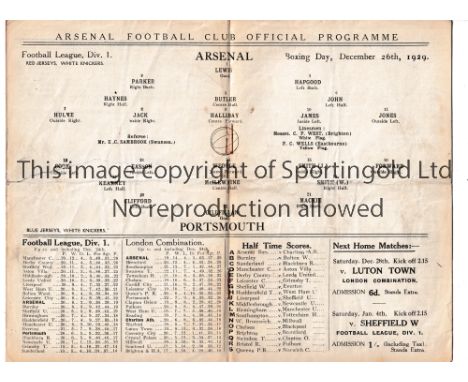 ARSENAL       Home programme for the League match v Portsmouth 26/12/1929, slightly creased, tape repair inside and slight we