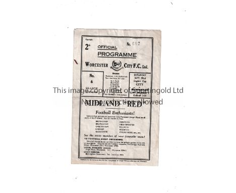 1945/6 FA CUP / WORCESTER CITY V BIRMINGHAM CITY TRANSPORT      Programme for the tie at Worcester 22/9/1945, horizontal fold