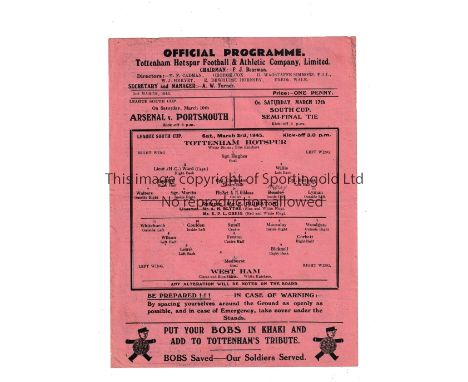 TOTTENHAM HOTSPUR      Home single sheet programme for the FL South Cup match v West Ham United on 3/3/1945, slightly folded 