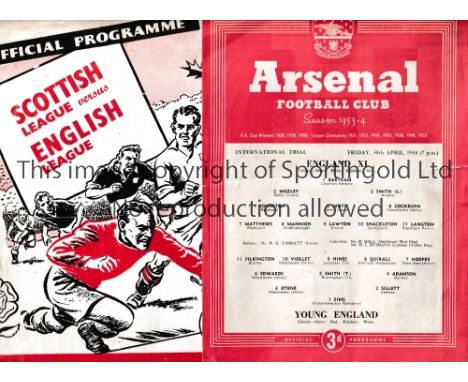 DUNCAN EDWARDS     Two programme for matches including Edwards, Young England v England 30/4/1954 at Arsenal FC, horizontal c