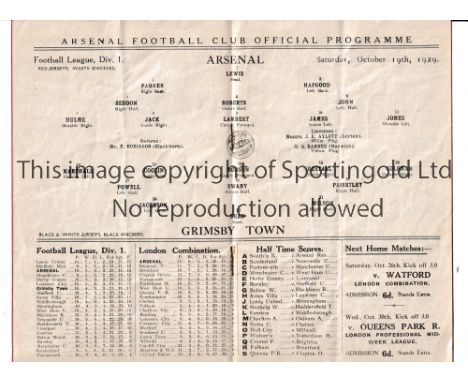 ARSENAL       Home programme for the League match v Grimsby Town 19/10/1929, slight vertical crease.     Generally good