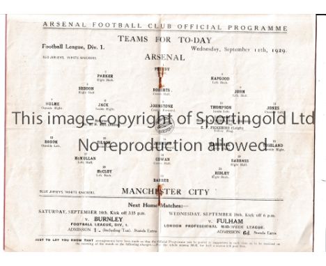 ARSENAL       Home programme for the League match v Manchester City 11/9/1929, slightly creased.     Generally good