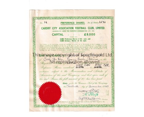 CARDIFF CITY      Original share certificate with seal issued for 1,572 shares on 13/12/1945 signed by 2 Directors and the Se