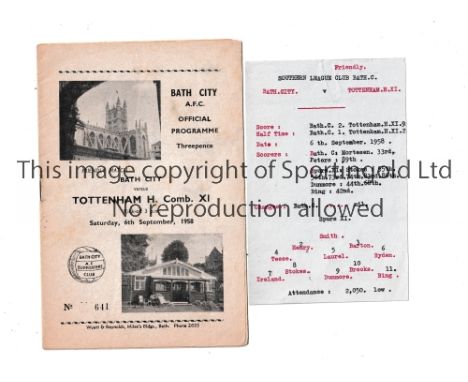 TOTTENHAM HOTSPUR      Programmes for away Friendly v Bath City 6/9/1958 with a separate card inside with typed Spurs team an