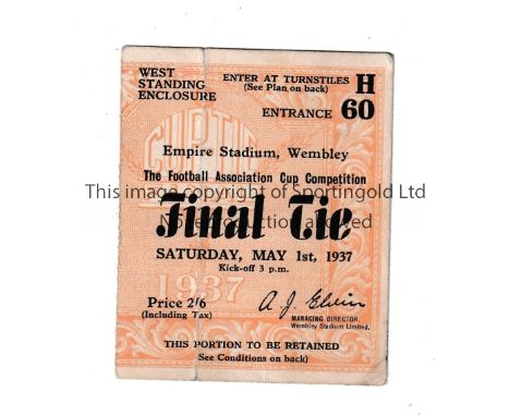1937 FA CUP FINAL     Ticket for Preston North End v Sunderland. Vertical fold.    Fair to generally good