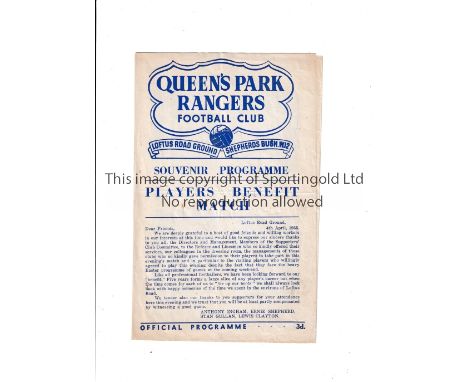 FOOTBALL AUTOGRAPHS / ALF RAMSEY Programme for Queen's Park Rangers v All Stars XI on 4/4/1955. The All Stars team have signe