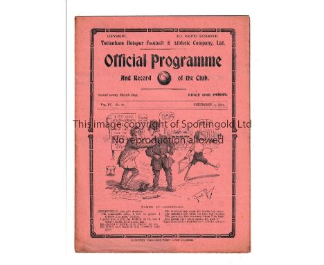 TOTTENHAM HOTSPUR       Fold out home programme for the League match v Oldham Athletic 9/12/1911, minor paper loss inside wit