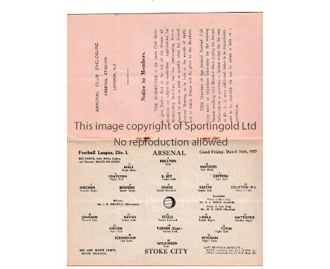 ARSENAL       Home programme for the League match v Stoke City 26/3/1937 with season ticket application form. Slight vertical