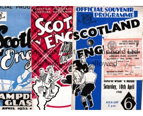 SCOTLAND V ENGLAND     Six programmes and a ticket for matches played at Hampden, 1948 slight horizontal crease, 1950 slight 