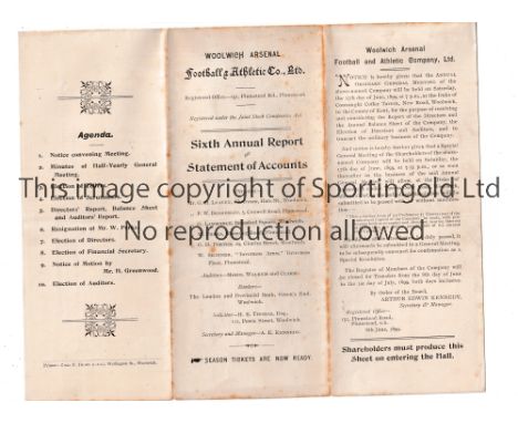 WOOLWICH ARSENAL 1899      The Sixth Annual Report and Statement of Accounts 30/4/1899.       Good