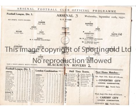 ARSENAL      Programme for the home League match v Blackburn Rovers 10/9/1931, slightly creased and scores entered.     Gener