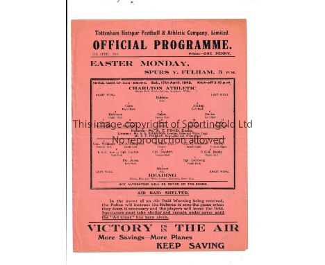 1943 FL SOUTH CUP SEMI-FINAL AT TOTTENHAM      Single sheet for Charlton Athletic v Reading 17/4/1943, very slightly creased.