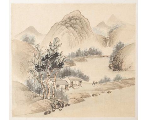 SONG XINGQIAO (QING DYNASTY)LANDSCAPES, FIGURES AND A STILL LIFEA Chinese album of twelve leaves, with embroidered silk cover