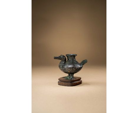 A RARE CHINESE GOLD AND SILVER-INLAID BRONZE DUCK-SHAPED POURING VESSEL, ZUN SONG-MING DYNASTY  Modelled in the form of a wat