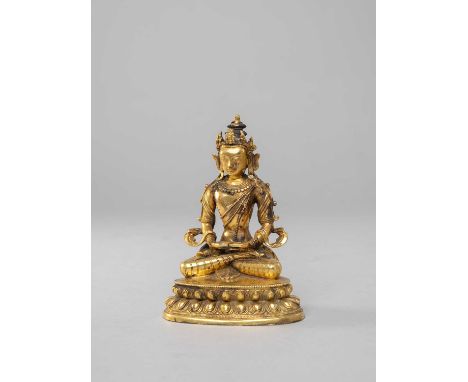 A CHINESE GILT-BRONZE FIGURE OF AMITAYUS19TH CENTURYThe deity seated in dhyanasana on a double-lotus pedestal with his hands 