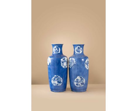 A PAIR OF CHINESE POWDER-BLUE GROUND ROULEAU VASESKANGXI 1662-1722Each painted with various shaped panels, one depicting ladi