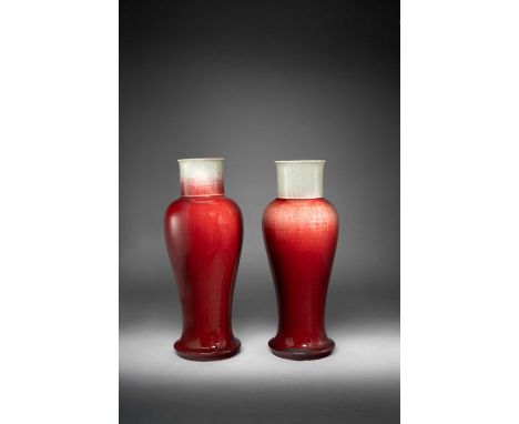 A NEAR PAIR OF CHINESE LANGYAO SLENDER BALUSTER VASESKANGXI 1662-1722With waisted necks and high shouldered bodies, each deco