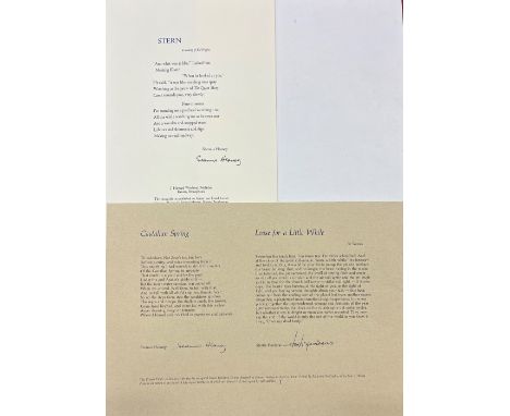 Heaney (Seamus)&nbsp;Stern (broadside poem), in memory of Ted Hughes, Woolmer, Pennsylvania, No. 11 of 50 copies, Signed; tog