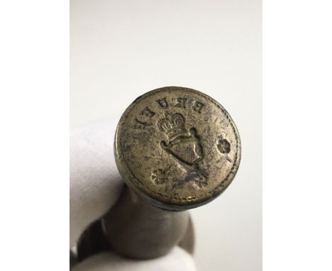 Postal History:&nbsp; Co. Tipperary,&nbsp;A rare engraved brass top Postal Stamp for "Bruff" with crowned harp and shamrocks 