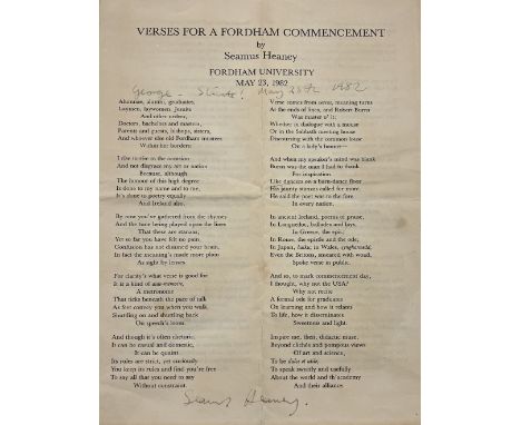 Heaney (Seamus)&nbsp;Verses for a Fordham Commencement,&nbsp;Fordham Univ., May 23, 1982, 4pp sm qto, lightly mounted, Signed