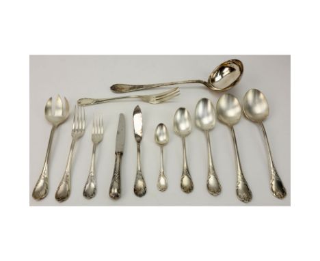 Hundred-Thirteen (113) Piece Christofle "Marly" Silverplated Flatware in Christofle Box. Includes: 12 table spoons, 12 oval s