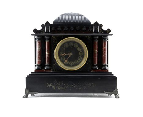 19/20th Century Victorian Style Slate Mantle Clock. Ansonia Clock Co stamped on the movement. Some paint wear to columns and 