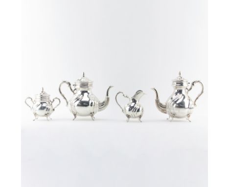Antique Four (4) Piece 900 Silver Coffee Service. Includes: Coffee pot, Tea pot, sugar and cream pitcher. Signed 900. Minor d