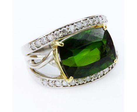 Approx. 5.13 Carat Cushion Cut Tourmaline, Platinum and 18 Karat Yellow Gold Ring accented with approx. .40 Carat Round Cut D