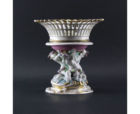 19/20th Century Art Nouveau Hand Painted Porcelain Centerpiece Mounted as Lamp. Depicts 3 mermaids holding aloft a reticulate