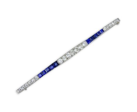 Art Deco Approx. 2.5 Carat European Cut Diamond, 1.50 Carat Sapphire and Platinum Bar Brooch. Diamonds F-G-H color, VS clarit