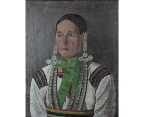 Ivan Fedorovich Seleznev, Ukrainian/Alaskan (1856-1936) Oil Painting on Fabric "Indigenous Chief" Signed and Dated 1935 Lower