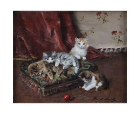 Alfred Arthur Brunel de Neuville, French (1852-1941) Oil on panel "Kittens At Play". Signed lower right. Good condition. Orna