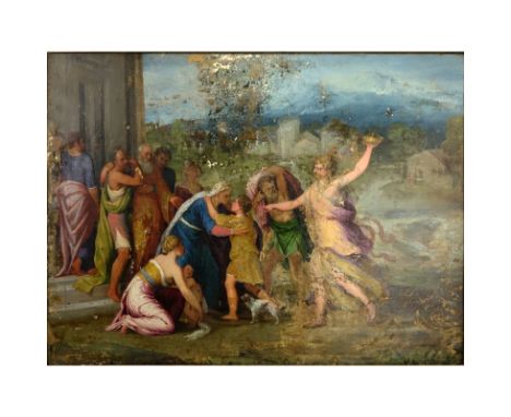 Attributed To: Lambert Sustris, Dutch (1515-1568)  16th Century Oil on Canvas "Voor de Terugkeer Van Het Kind" Unsigned. Depi