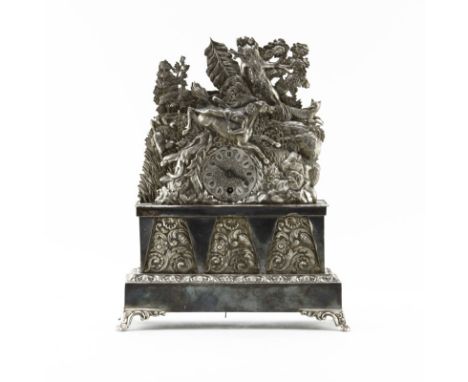 Antique Viennese 800 Continental Silver Repoussé Mantle Clock. Mythological metalwork forest scene with man on horse, repouss
