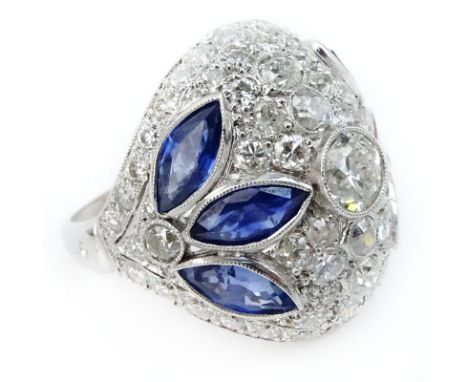 Art Deco Circa 1930 Approx. 2.50 Carat European Cut Diamond, 2.50 Carat Marquise Cut Sapphire and Platinum Ring. Diamonds G-H