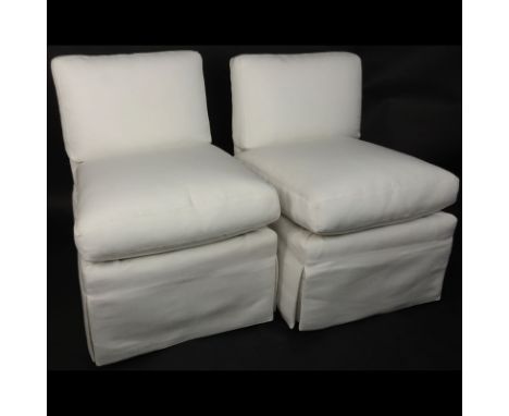 Pair of Mid Century White Upholstered Slipper Chairs. Loose seat cushion and back rest. Blue Water Canvas & Marine Interiors 