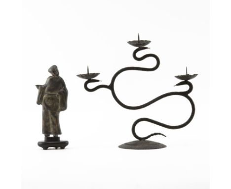 Grouping of Two (2) Miscellaneous Tabletop Items. Includes: Chinese silver figurine mounted on stand, folk art metal candle h