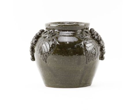 Arie Meaders, American (20th Century) Alkaline Glazed Relief Decorated Grape Vine and Leaf Ceramic Pot. Signed, AM on undersi