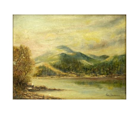 19/20th Century Oil on Canvas "Landscape" Signed Thas Dourward? Lower Right. Depicts a Canadian landscape scene of a river an