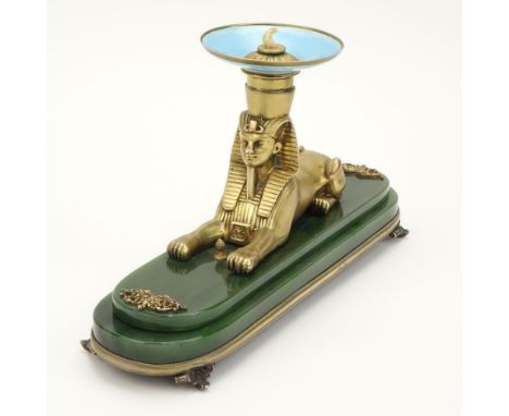 20th Century Russian Egyptian Revival Nephrite Jade, 88 Silver and Guilloche Enamel Figural Sphinx Desk Lighter. Stamped Fabe