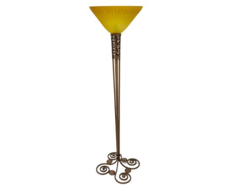 Art Deco Daum Nancy Glass Lampshade on Art Deco Style Torchiere Hand Forged Iron Base. Shade signed. Typical chips on shade a