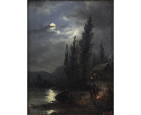 19/20th Century Oil on Board American School "Riverside Cabin Scene" Impressionist Painting. Signed N. Mott Lower Right. Ligh
