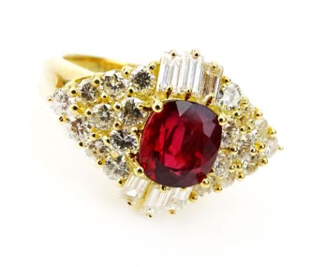 Approx. 1.86 Carat Cushion Cut Ruby, 1.67 Carat Round Brilliant and Baguette Cut Diamond and 18 Karat Yellow Gold Ring. Ruby 